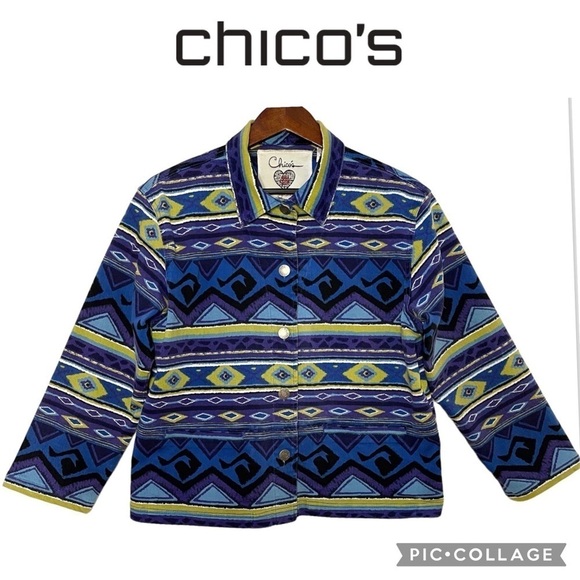 Chicos Anniversary Collection Southwestern Aztec Denim Jacket Size 2 or L - Picture 1 of 10